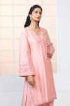 Shop_Aariyana Couture_Peach Kurta- Chanderi Silk Hand Embroidered Floral V Neck Pant Set _at_Aza_Fashions