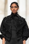 Pankaj & Nidhi_Black Tulle Embroidered Pearl Yin Yang Work Cropped Bomber Jacket  _Online_at_Aza_Fashions