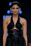 Buy_Pankaj & Nidhi_Black Harness Top Organza Mayan Goddess Crop With Cocoon Skirt  _Online_at_Aza_Fashions