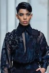 Pankaj & Nidhi_Black Silk Organza Knight Fleur Crop Bomber Jacket With Inner  _Online_at_Aza_Fashions