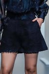 Pankaj & Nidhi_Black Crop Bomber Jacket Silk Organza Knight Fleur Shorts Set  _Online_at_Aza_Fashions