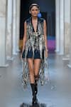 Buy_Pankaj & Nidhi_Blue Wool Staccato Fringe In Motion Gilet Blazer Dress With Belt  _at_Aza_Fashions