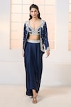 Buy_Aariyana Couture_Blue Bustier- Modal Satin Hand Jacket With Draped Dhoti Skirt Set _at_Aza_Fashions