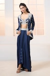 Aariyana Couture_Blue Bustier- Modal Satin Hand Jacket With Draped Dhoti Skirt Set _Online