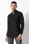 Shop_Rohit Gandhi + Rahul Khanna_Blue Linen Plain Mandarin Collar Short Kurta _at_Aza_Fashions