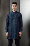 Rohit Gandhi + Rahul Khanna_Blue Viscose Dupion Printed Feather Textured Short Kurta _Online_at_Aza_Fashions