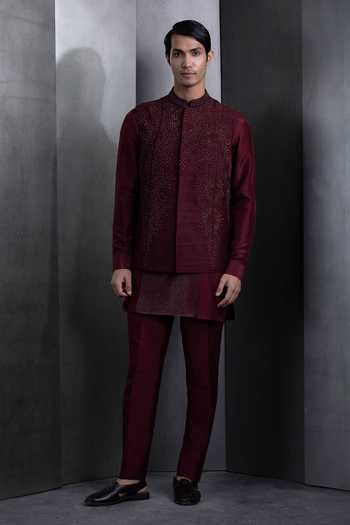 Buy_Rohit Gandhi + Rahul Khanna_Red Silk Embroidery Wishful Shooting Star Bundi _at_Aza_Fashions