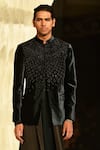 Shop_Rohit Gandhi + Rahul Khanna_Green Silk Velvet Embroidered Metallic Beads Astragal Bandhgala _at_Aza_Fashions