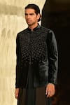 Rohit Gandhi + Rahul Khanna_Green Silk Velvet Embroidered Metallic Beads Astragal Bandhgala _Online_at_Aza_Fashions