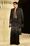 Buy_Rohit Gandhi + Rahul Khanna_Blue Velvet Crystals, Beads Mosaic Metallic Thread Embroidered Sherwani _at_Aza_Fashions