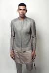 Shop_Rohit Gandhi + Rahul Khanna_Grey Satin Solid Louvers Kurta _Online_at_Aza_Fashions