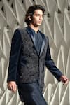 Rohit Gandhi + Rahul Khanna_Blue Velvet Embroidered Metallic Crystals Palladian Embellished Tuxedo _Online_at_Aza_Fashions