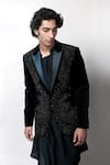 Buy_Rohit Gandhi + Rahul Khanna_Blue Velvet Embroidered Metallic Crystals Palladian Embellished Tuxedo _Online_at_Aza_Fashions