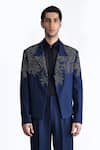 Buy_Rohit Gandhi + Rahul Khanna_Blue Wool Crepe Embroidered Beads Crystal Floral Embellished Jacket _at_Aza_Fashions