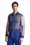 Shop_Rohit Gandhi + Rahul Khanna_Blue Tulle Embroidered Crystal Sheer Shirt _at_Aza_Fashions