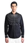 Rohit Gandhi + Rahul Khanna_Black Cotton Embroidery Thread Shirt _Online_at_Aza_Fashions