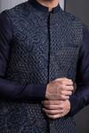 Buy_Rohit Gandhi + Rahul Khanna_Blue Cotton, Silk Embroidery Midnight Navy Thread Bundi _Online_at_Aza_Fashions