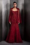 Buy_Rohit Gandhi + Rahul Khanna_Red Tulle Embroidered Sequin Gown V-neck Mermaid With Sheer Cape _at_Aza_Fashions