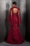 Shop_Rohit Gandhi + Rahul Khanna_Red Tulle Embroidered Sequin Gown V-neck Mermaid With Sheer Cape _at_Aza_Fashions