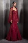 Rohit Gandhi + Rahul Khanna_Red Tulle Embroidered Sequin Gown V-neck Mermaid With Sheer Cape _Online_at_Aza_Fashions