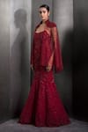 Buy_Rohit Gandhi + Rahul Khanna_Red Tulle Embroidered Sequin Gown V-neck Mermaid With Sheer Cape _Online_at_Aza_Fashions