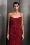 Rohit Gandhi + Rahul Khanna_Red Tulle Sequins, Crystals V-neck Tonal Embroidered Mermaid Gown _Online_at_Aza_Fashions