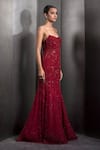 Buy_Rohit Gandhi + Rahul Khanna_Red Tulle Sequins, Crystals V-neck Tonal Embroidered Mermaid Gown _Online_at_Aza_Fashions