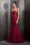 Shop_Rohit Gandhi + Rahul Khanna_Red Tulle Sequins, Crystals V-neck Tonal Embroidered Mermaid Gown _Online_at_Aza_Fashions