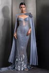 Buy_Rohit Gandhi + Rahul Khanna_Blue Tulle Embroidered Sequin Gown Sweetheart Crystal Mermaid Trail With Cape _at_Aza_Fashions