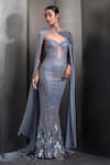 Rohit Gandhi + Rahul Khanna_Blue Tulle Embroidered Sequin Gown Sweetheart Crystal Mermaid Trail With Cape _Online_at_Aza_Fashions