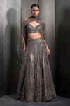 Buy_Rohit Gandhi + Rahul Khanna_Grey Tulle Embroidered Sequin Deep V-neck Metallic Lehenga Set _at_Aza_Fashions