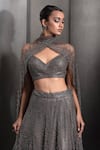 Shop_Rohit Gandhi + Rahul Khanna_Grey Tulle Embroidered Sequin Deep V-neck Metallic Lehenga Set _Online_at_Aza_Fashions