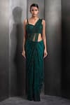 Rohit Gandhi + Rahul Khanna_Emerald Green Tulle Embroidered Hematite Crystal Pre-draped Saree With Blouse _Online_at_Aza_Fashions