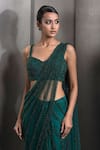 Shop_Rohit Gandhi + Rahul Khanna_Emerald Green Tulle Embroidered Hematite Crystal Pre-draped Saree With Blouse _Online_at_Aza_Fashions