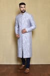 Buy_Arihant Rai Sinha_Grey Silk, Cotton Sequins, Embroidery Floral Vine Sherwani Set _at_Aza_Fashions