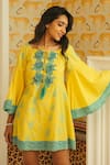Buy_Cin Cin_Yellow Cotton Embroidered Lace Boat Ira Flared Short Dress_at_Aza_Fashions