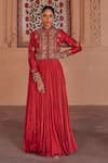Buy_Studio Bagechaa_Red Silk Beads, Sequins Mandarin Madhavi Embroidered Jacket And Anarkali Set _at_Aza_Fashions