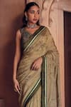 Studio Bagechaa_Green Raw Silk Embroidered Bandhani Pattern Leaf Neck Amba Saree And Blouse Set _Online_at_Aza_Fashions