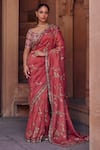 Buy_Studio Bagechaa_Pink Raw Silk Embroidered Bandhani Pattern Leaf Gauri Dori Saree And Blouse Set _at_Aza_Fashions