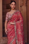 Studio Bagechaa_Pink Raw Silk Embroidered Bandhani Pattern Leaf Gauri Dori Saree And Blouse Set _Online_at_Aza_Fashions