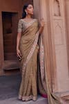 Buy_Studio Bagechaa_Beige Raw Silk Embroidered Bandhani Pattern Boat Chhaya Dori Saree And Blouse Set _at_Aza_Fashions