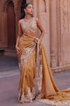 Buy_Studio Bagechaa_Yellow Raw Silk Embroidered Stripe Pattern Leaf Neck Radha Saree And Blouse Set _at_Aza_Fashions