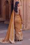 Shop_Studio Bagechaa_Yellow Raw Silk Embroidered Stripe Pattern Leaf Neck Radha Saree And Blouse Set _at_Aza_Fashions