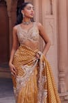 Studio Bagechaa_Yellow Raw Silk Embroidered Stripe Pattern Leaf Neck Radha Saree And Blouse Set _Online_at_Aza_Fashions