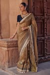 Buy_Studio Bagechaa_Beige Raw Silk Embroidered Stripe Pattern V Neck Ananya Saree And Blouse Set _at_Aza_Fashions