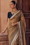 Studio Bagechaa_Beige Raw Silk Embroidered Stripe Pattern V Neck Ananya Saree And Blouse Set _Online_at_Aza_Fashions