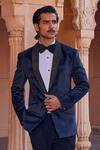 Studio Bagechaa_Blue Chanderi Metallic Thread Timeless Embroidered Notched Lapel Collar Tuxedo _Online_at_Aza_Fashions