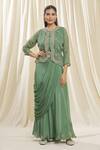 Buy_Nazaakat by Samara Singh_Green Jacket Organza Hand Embroidered Zardozi Work Round Neck Skirt Saree Set_at_Aza_Fashions