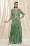 Buy_Nazaakat by Samara Singh_Green Jacket Organza Hand Embroidered Zardozi Work Round Neck Skirt Saree Set_Online_at_Aza_Fashions