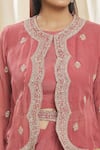 Shop_Nazaakat by Samara Singh_Peach Jacket Organza Hand Embroidered Zardozi Work Round Neck Skirt Saree Set_Online_at_Aza_Fashions